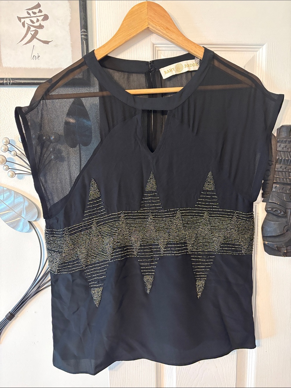 Ramy Brook Black Short-Sleeve Blouse silk with Metallic Stripe Detail